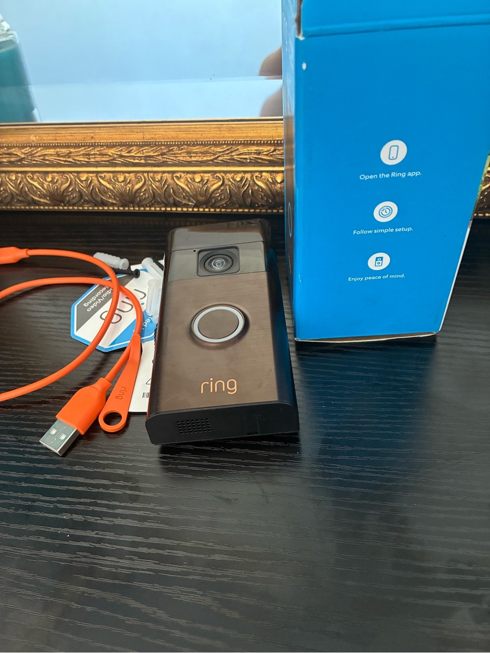 Ring Video Venetian Bronze Doorbell in Black with Orange USB Cable